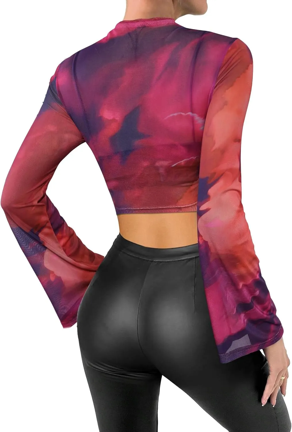 Remidoo Women's Mesh Top Mock Neck Tie Dye Long Sleeve Sheer Crop Tops Shirt