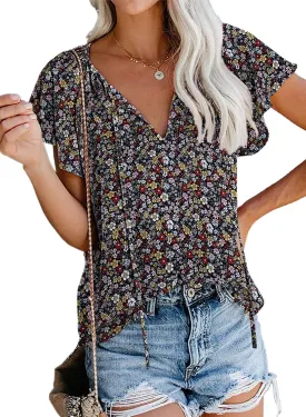 SimpleFun Women's Boho Tops Floral V Neck Short Sleeve Summer Blouse Shirts