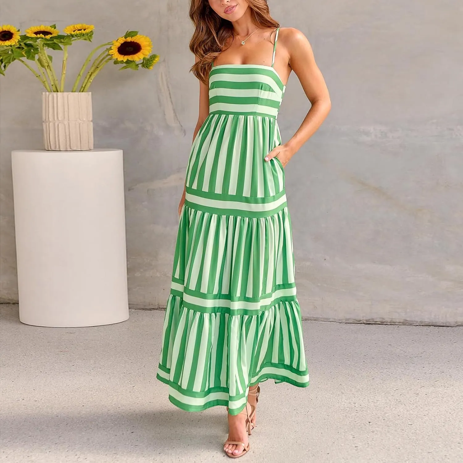 SOLILOQUY Women Boho Striped Midi Dress Spaghetti Strap Scoop Neck Smock Bodice Tiered A-Line Flowy Sundress Summer Vacation