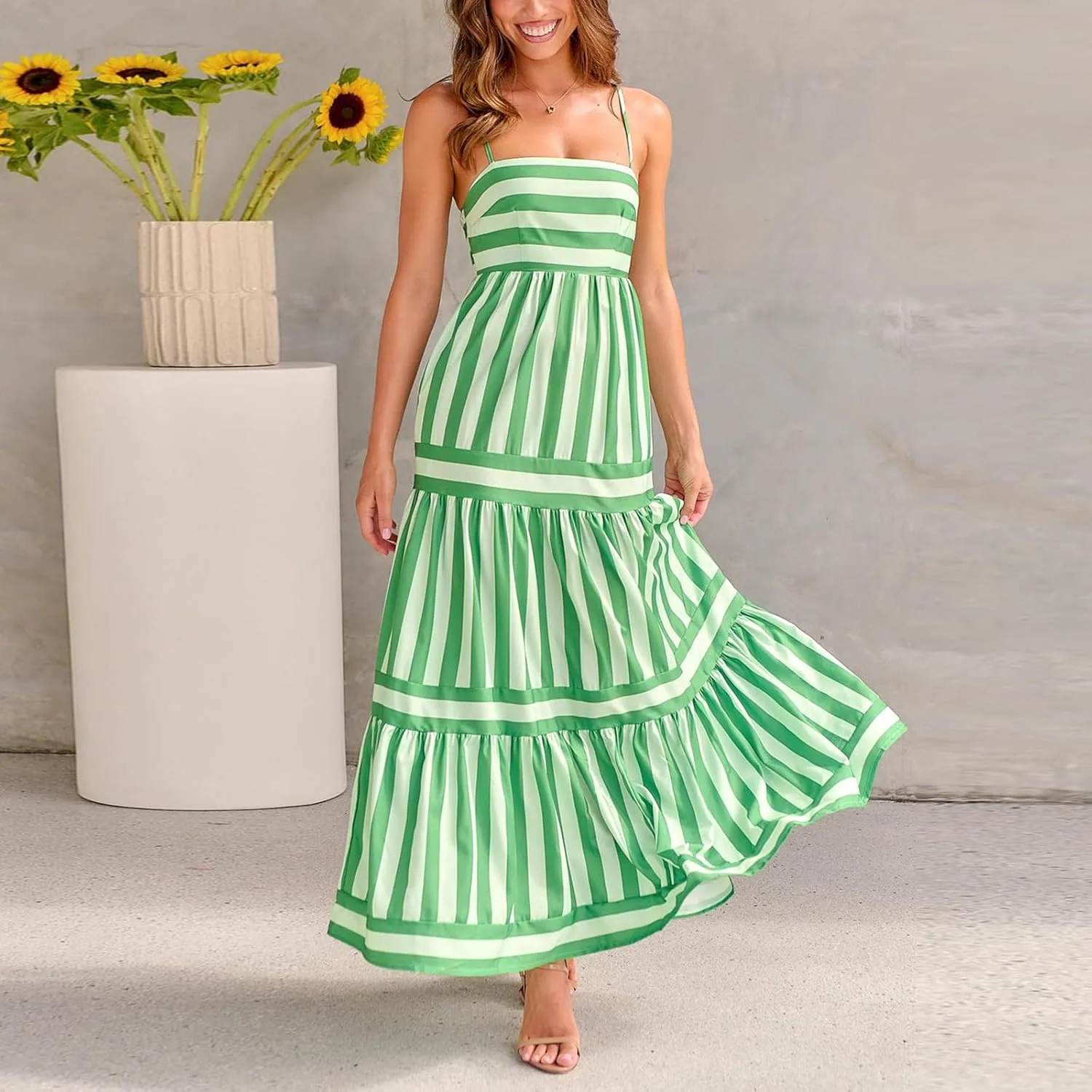 SOLILOQUY Women Boho Striped Midi Dress Spaghetti Strap Scoop Neck Smock Bodice Tiered A-Line Flowy Sundress Summer Vacation