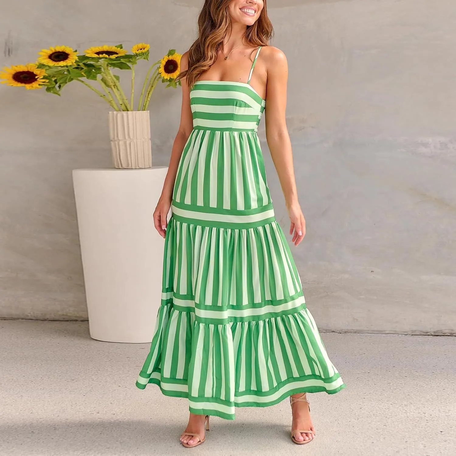 SOLILOQUY Women Boho Striped Midi Dress Spaghetti Strap Scoop Neck Smock Bodice Tiered A-Line Flowy Sundress Summer Vacation