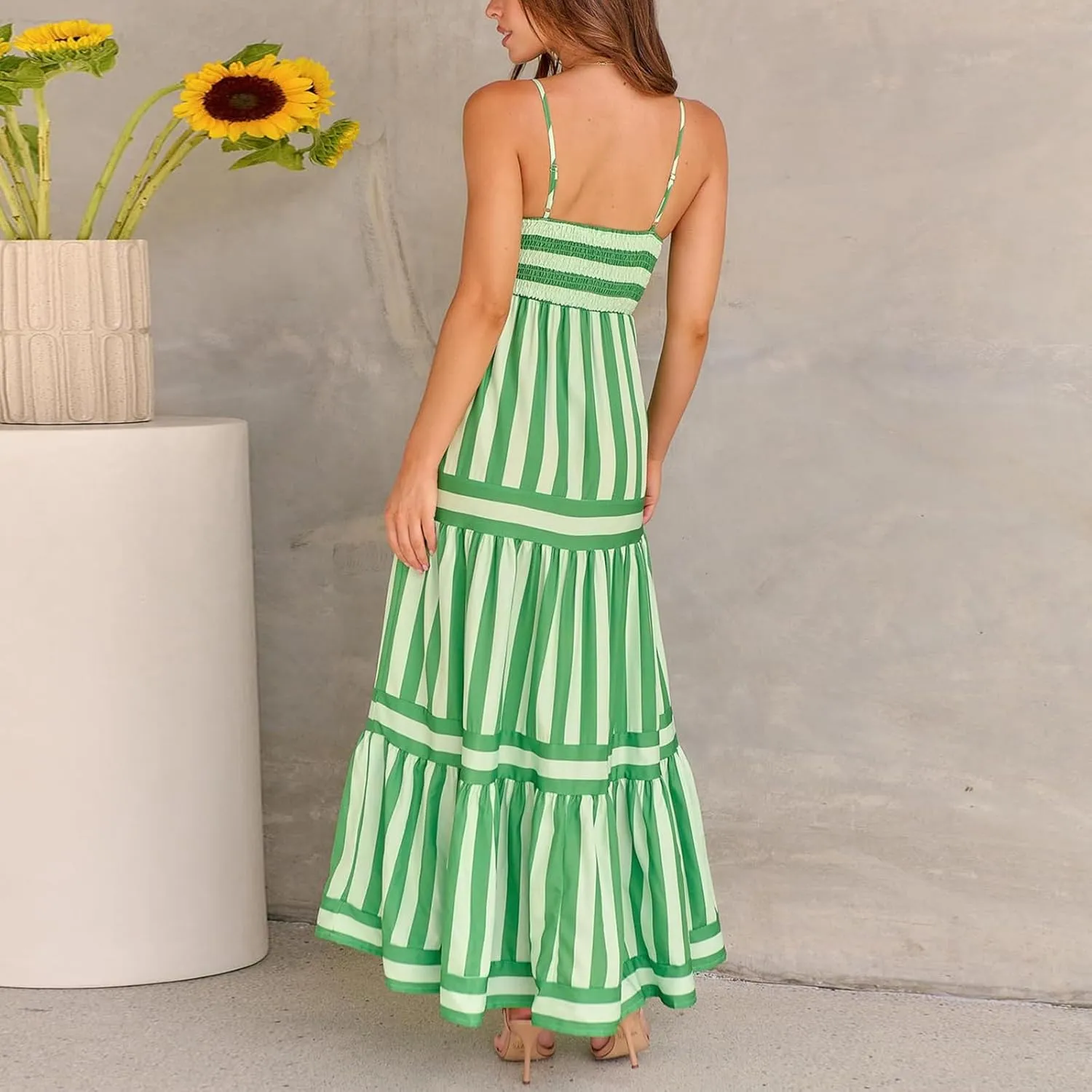 SOLILOQUY Women Boho Striped Midi Dress Spaghetti Strap Scoop Neck Smock Bodice Tiered A-Line Flowy Sundress Summer Vacation