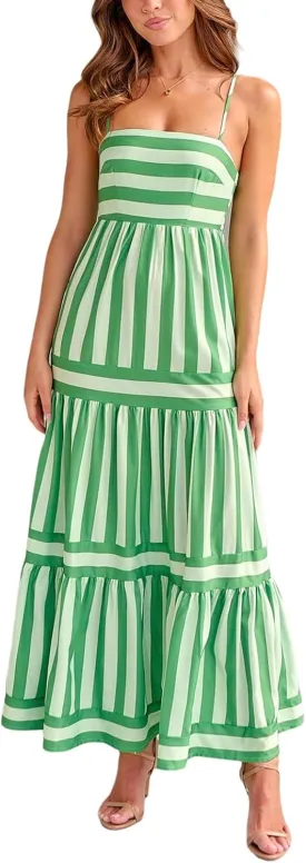 SOLILOQUY Women Boho Striped Midi Dress Spaghetti Strap Scoop Neck Smock Bodice Tiered A-Line Flowy Sundress Summer Vacation