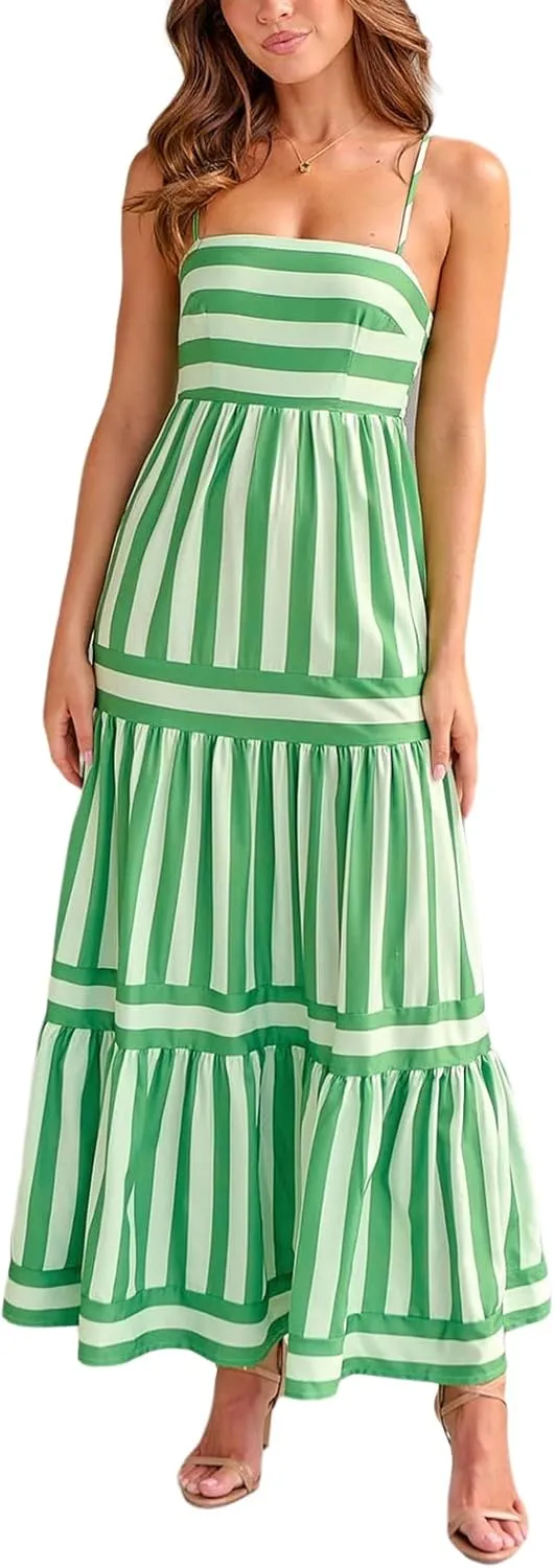 SOLILOQUY Women Boho Striped Midi Dress Spaghetti Strap Scoop Neck Smock Bodice Tiered A-Line Flowy Sundress Summer Vacation