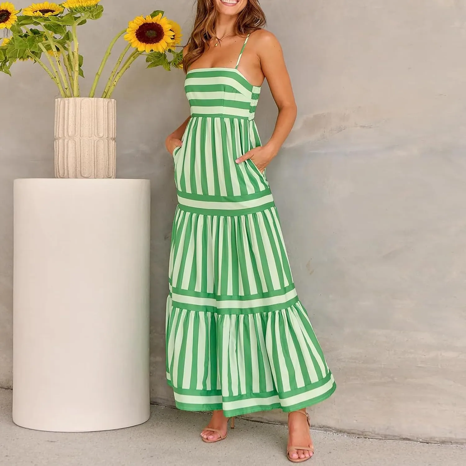 SOLILOQUY Women Boho Striped Midi Dress Spaghetti Strap Scoop Neck Smock Bodice Tiered A-Line Flowy Sundress Summer Vacation