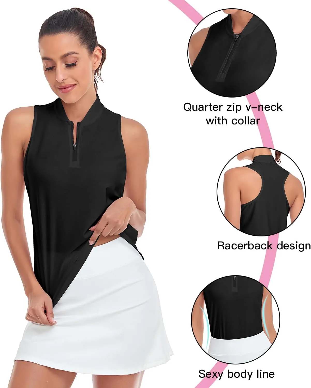 Soneven Women's Sleeveless Golf Shirts Printed Moisture Wicking V Neck Golf Polo Shirts Racerback Golf Tank Tops
