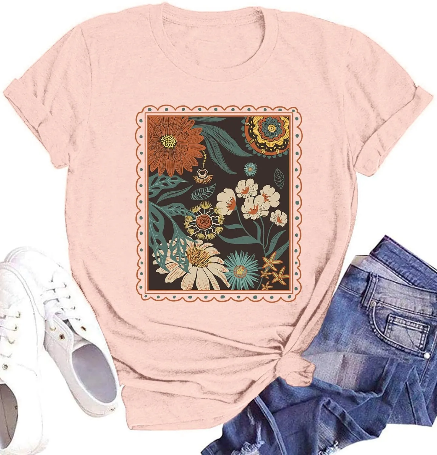 Stay Groovy Shirt for Womens Floral Graphic Retro Shirts Hippie 70s Tee Summer Tee Tops