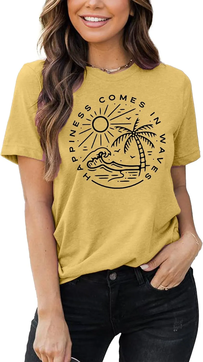 Summer T Shirt for Women Wave Coconut Tree Graphic Short Sleeve Casual Vacation Trip Tee Top
