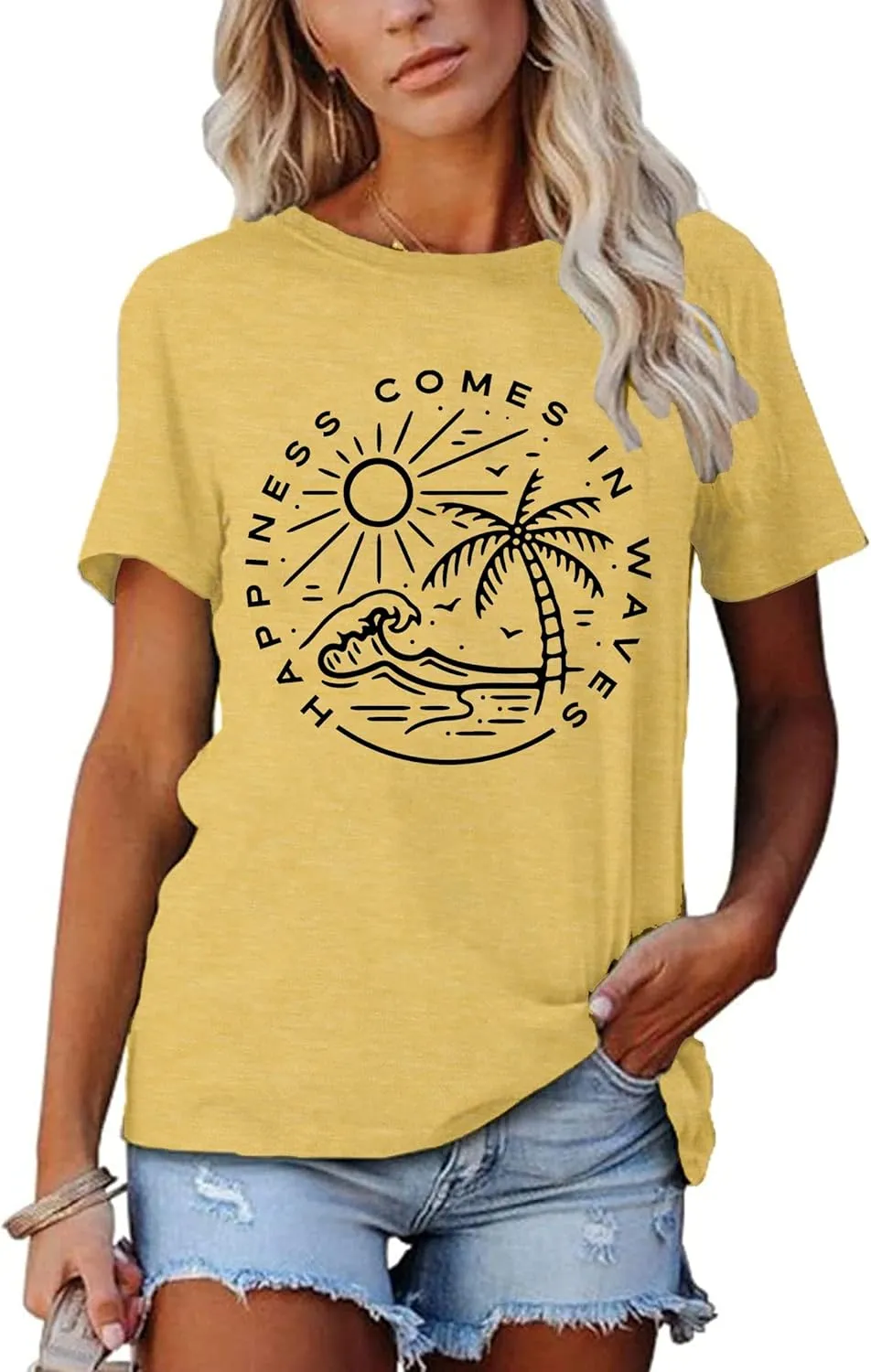 Summer T Shirt for Women Wave Coconut Tree Graphic Short Sleeve Casual Vacation Trip Tee Top