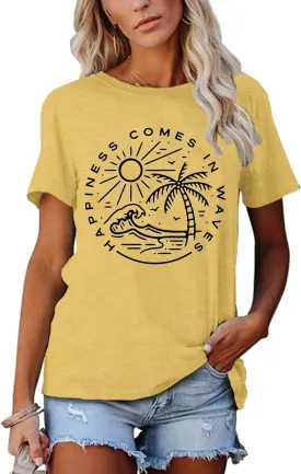 Summer T Shirt for Women Wave Coconut Tree Graphic Short Sleeve Casual Vacation Trip Tee Top