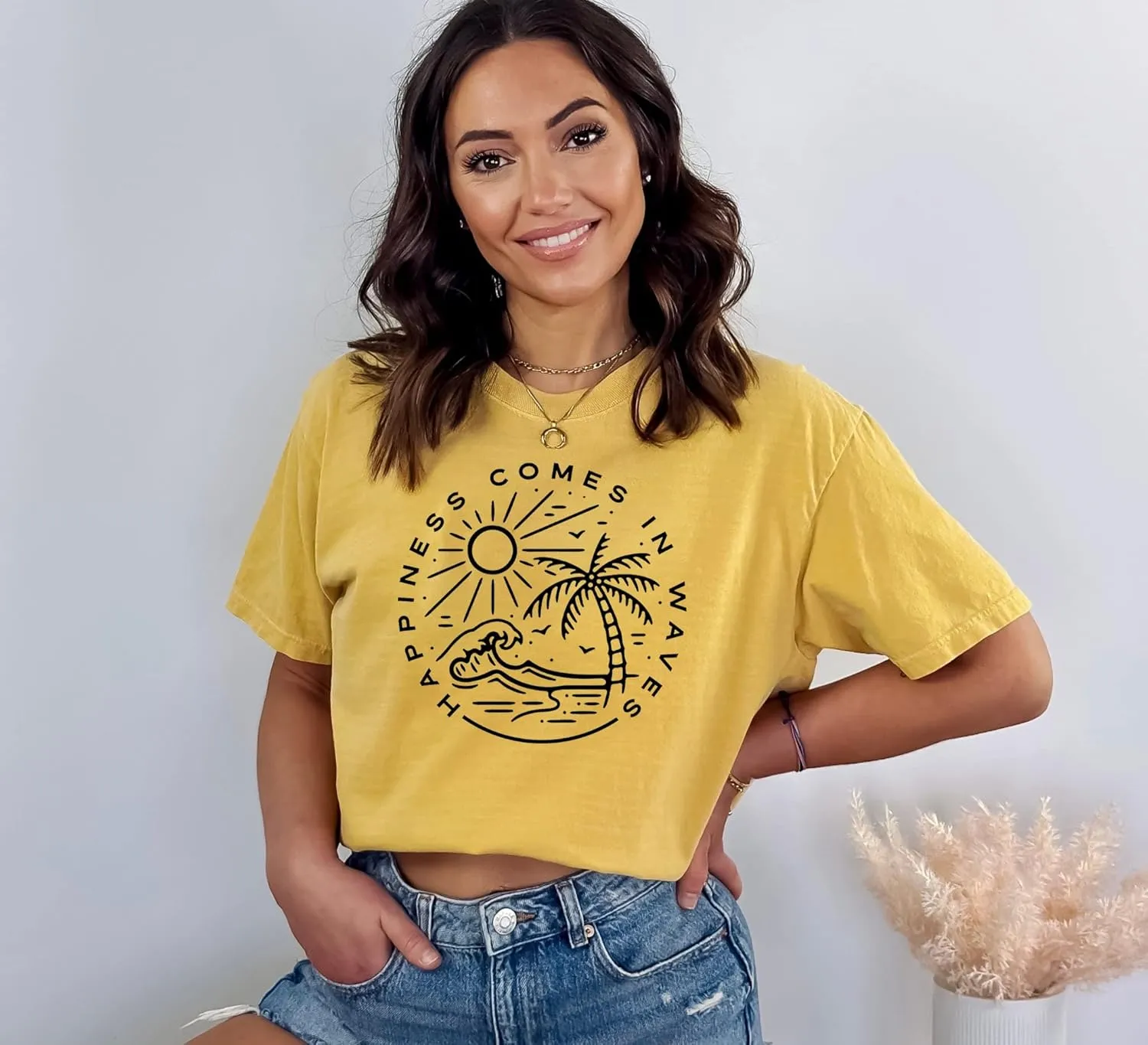 Summer T Shirt for Women Wave Coconut Tree Graphic Short Sleeve Casual Vacation Trip Tee Top