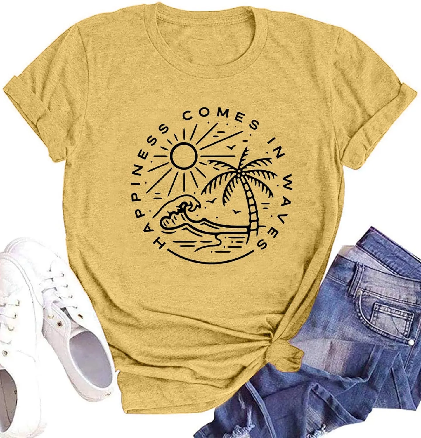 Summer T Shirt for Women Wave Coconut Tree Graphic Short Sleeve Casual Vacation Trip Tee Top