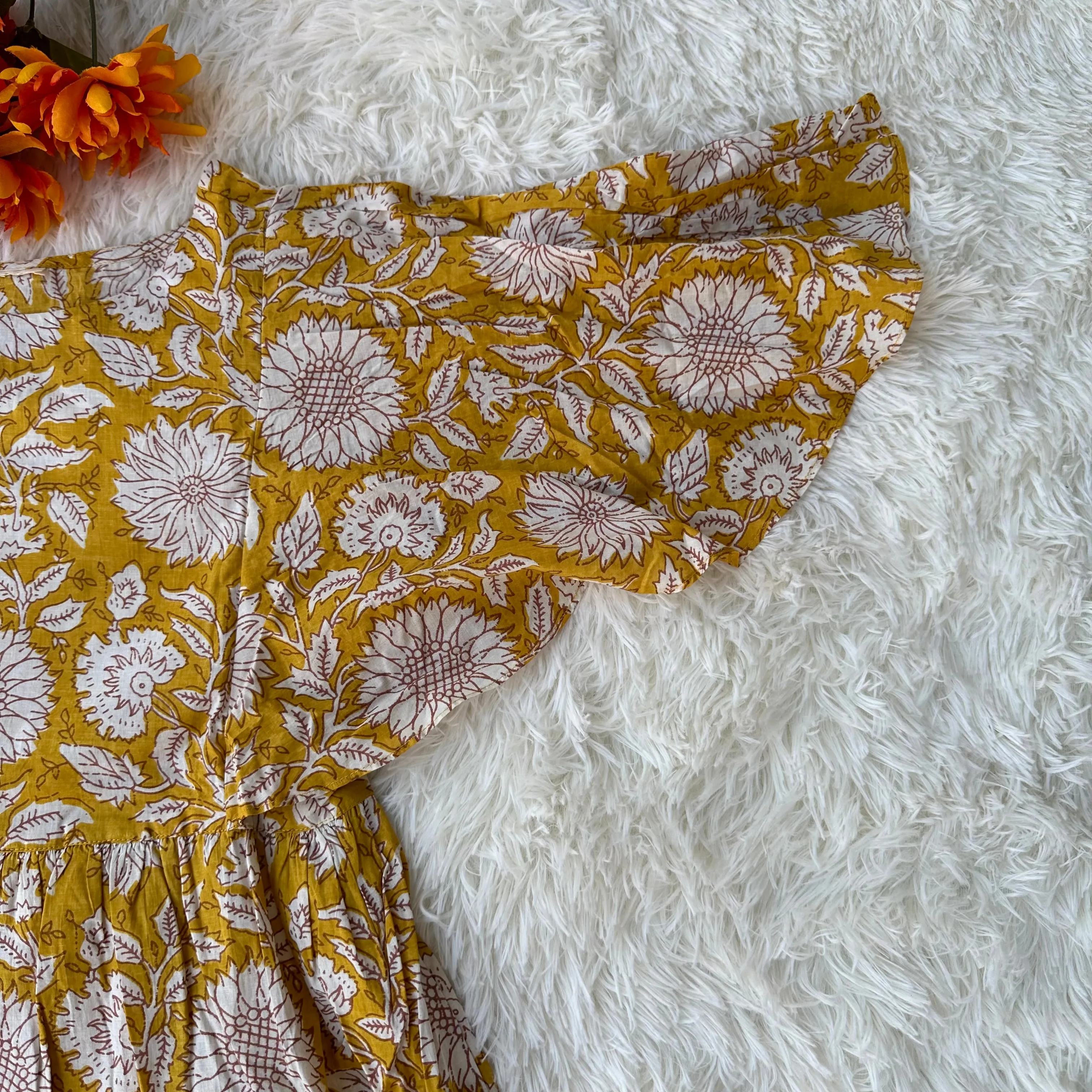 Sunny Vibes: Yellow Cotton Floral Print Flared Western Dress for Comfort