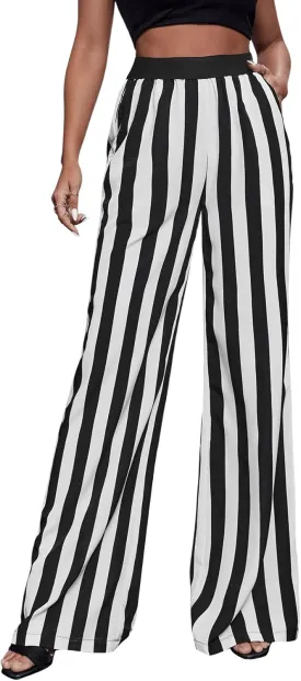 SweatyRocks Women's Striped Extra Long High Waited Wide Leg Pants Loose Casual Trousers with Pockets