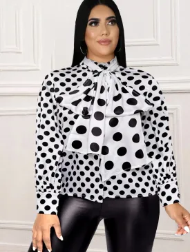 Uniwim Plus Size Blouse for Women Black White Printed Long Sleeves Button Up Formal Occasion Office Lady Work Shirts Tops with Bowtie