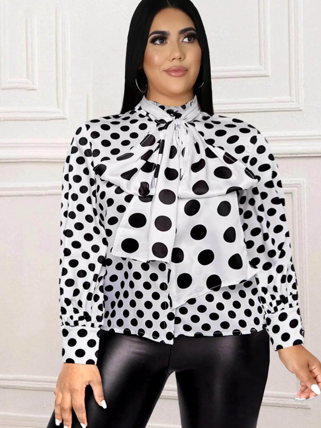 Uniwim Plus Size Blouse for Women Black White Printed Long Sleeves Button Up Formal Occasion Office Lady Work Shirts Tops with Bowtie