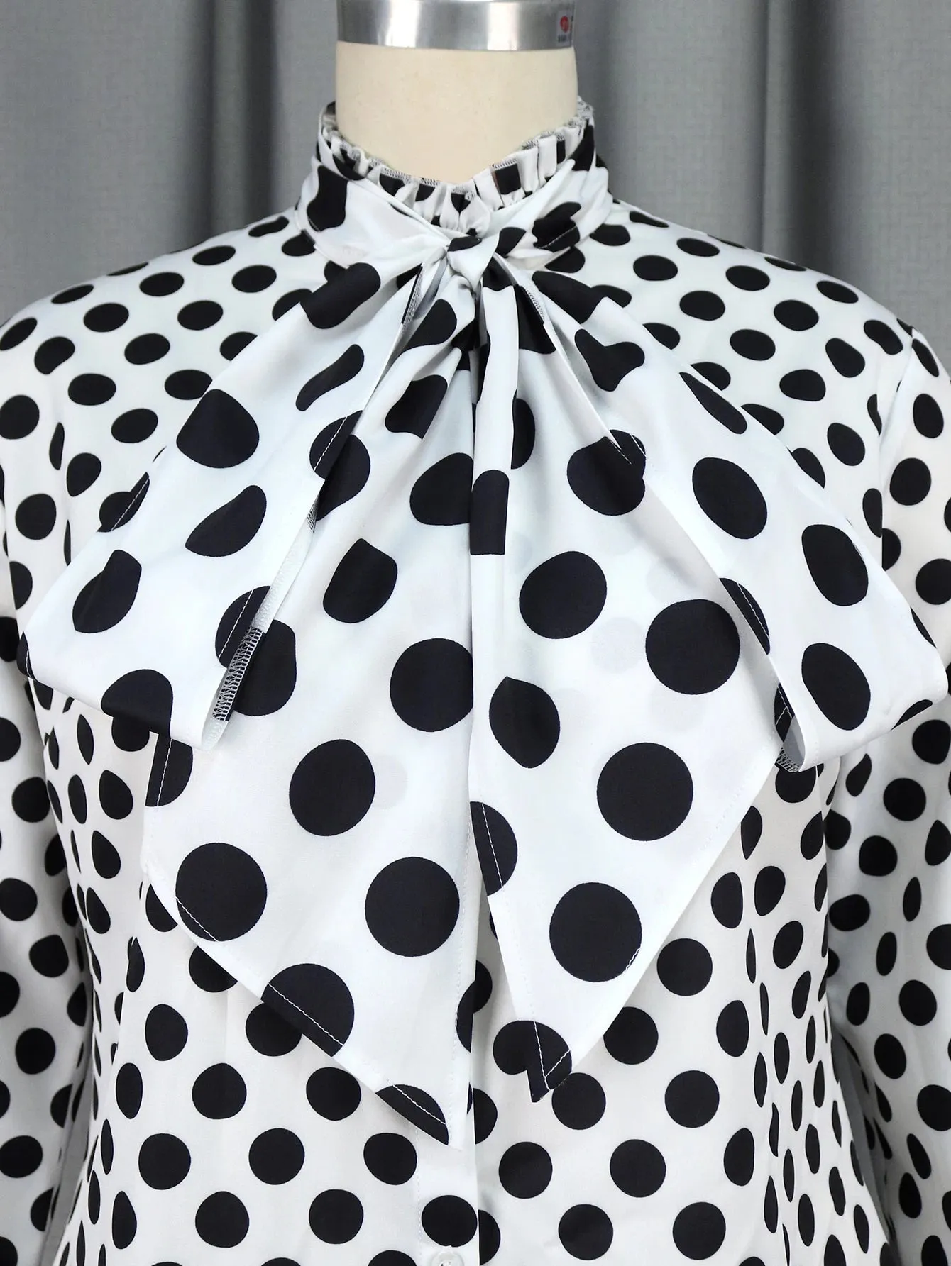 Uniwim Plus Size Blouse for Women Black White Printed Long Sleeves Button Up Formal Occasion Office Lady Work Shirts Tops with Bowtie