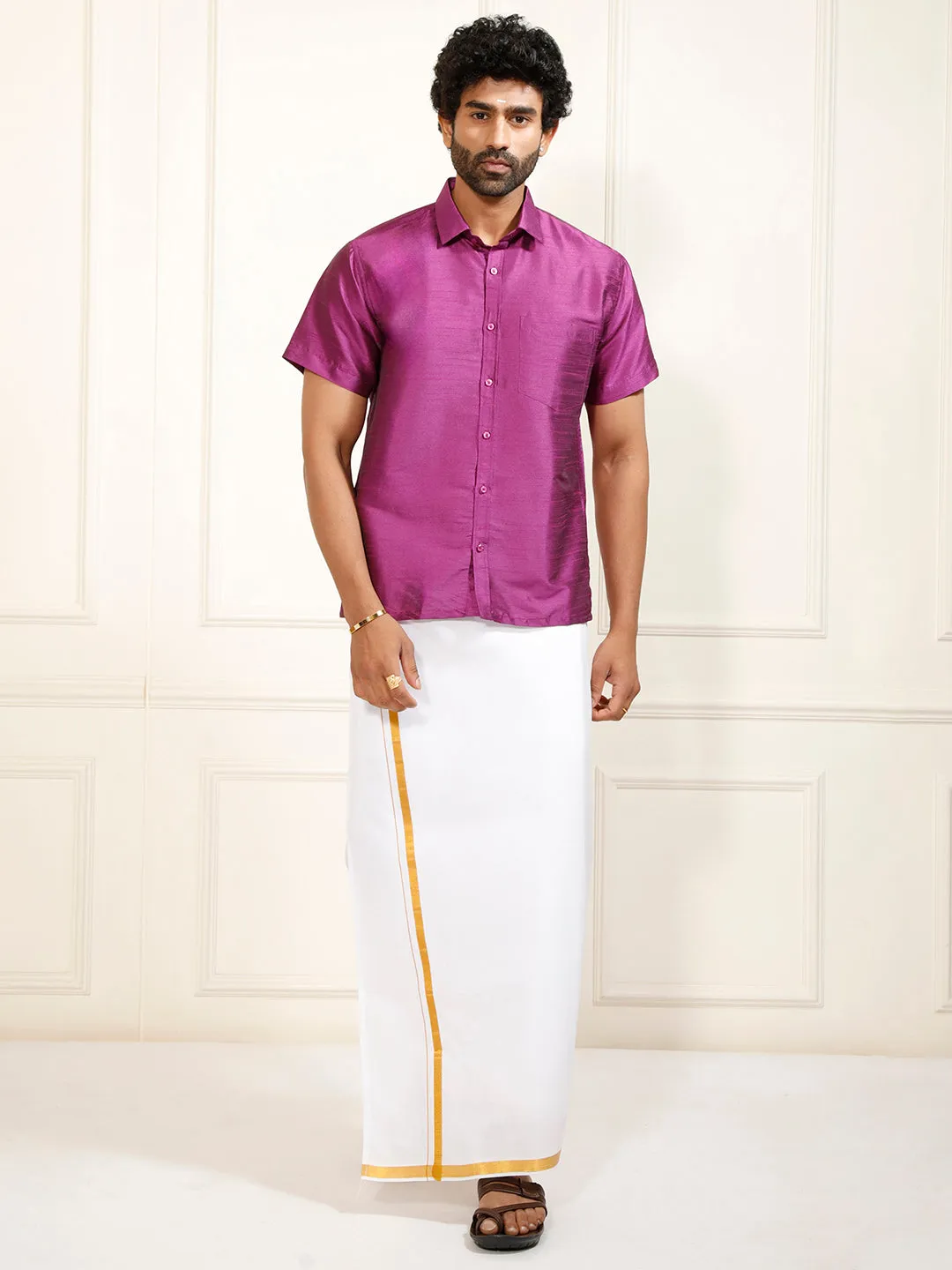 VASTRAMAY Men's Purple Silk Blend Shirt And Mundu