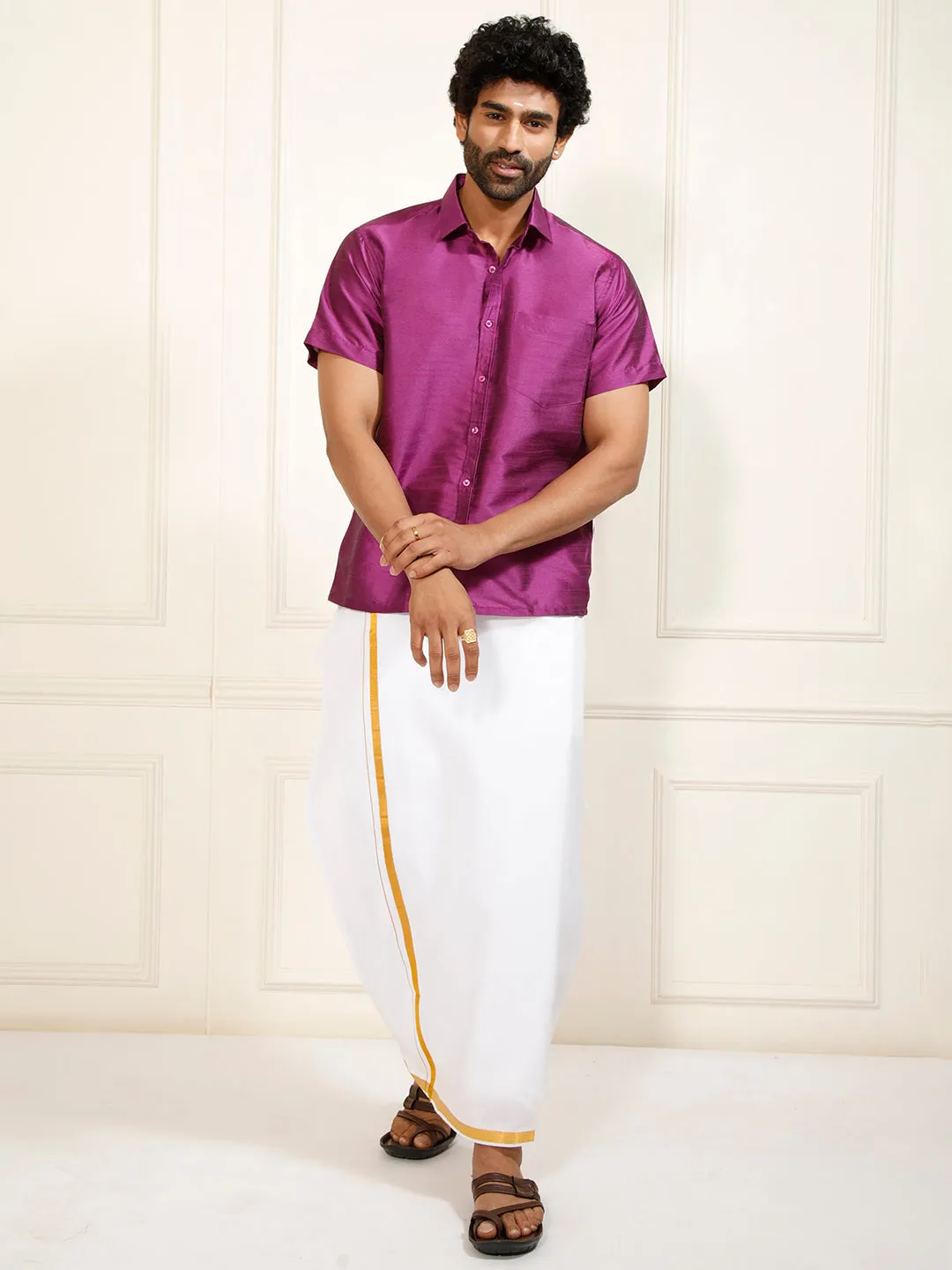 VASTRAMAY Men's Purple Silk Blend Shirt And Mundu