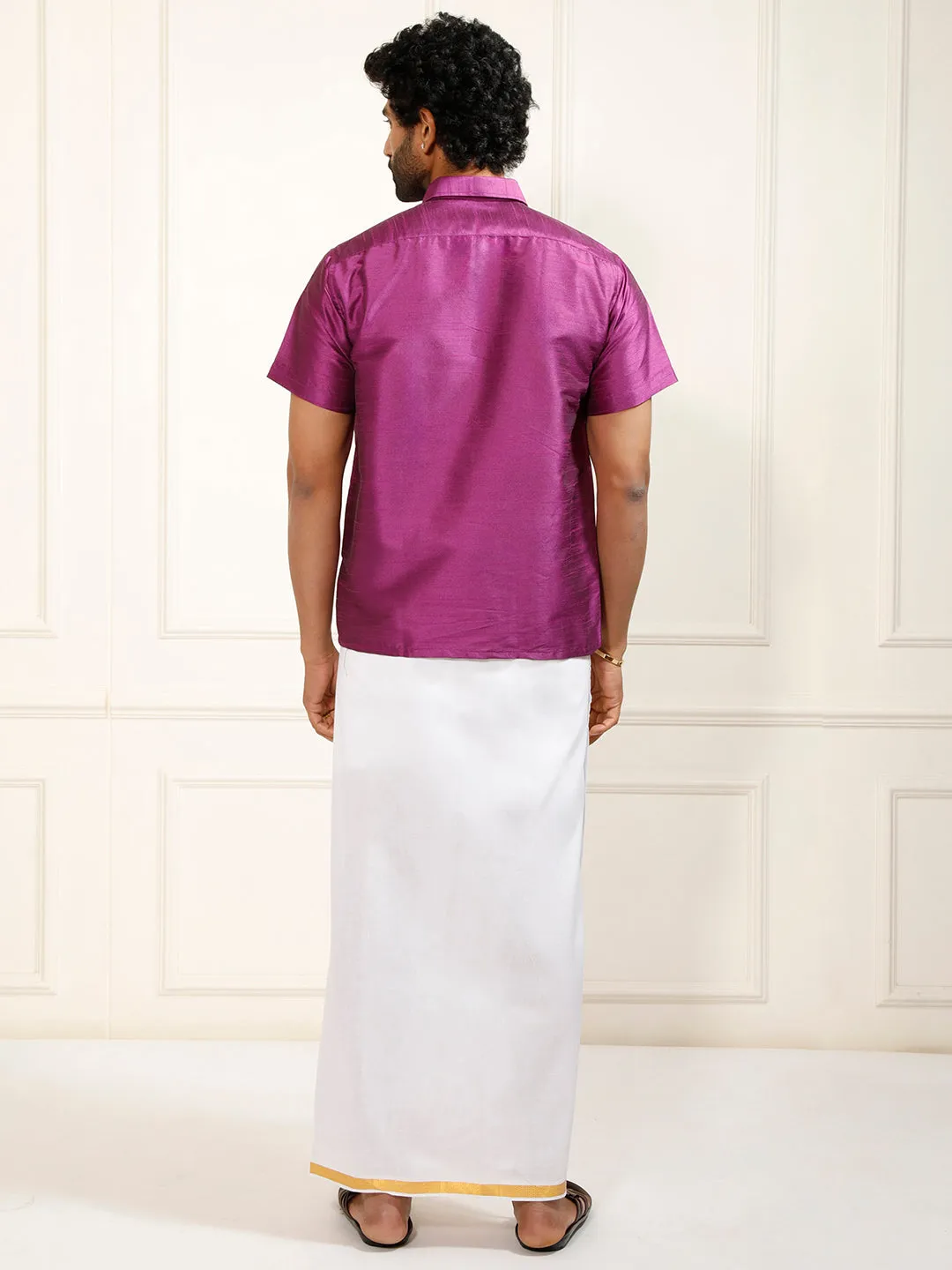VASTRAMAY Men's Purple Silk Blend Shirt And Mundu