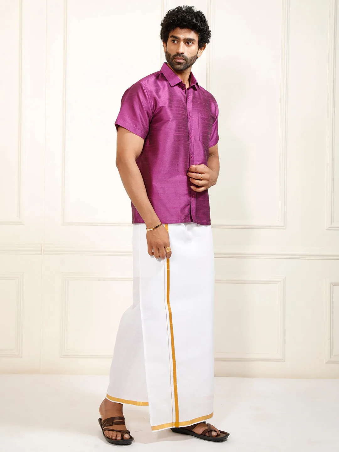 VASTRAMAY Men's Purple Silk Blend Shirt And Mundu