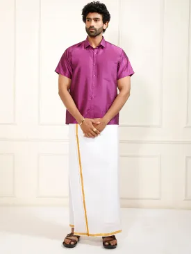 VASTRAMAY Men's Purple Silk Blend Shirt And Mundu