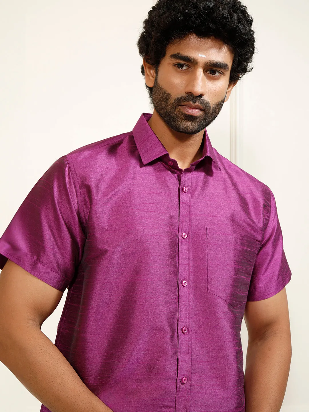 VASTRAMAY Men's Purple Silk Blend Shirt And Mundu