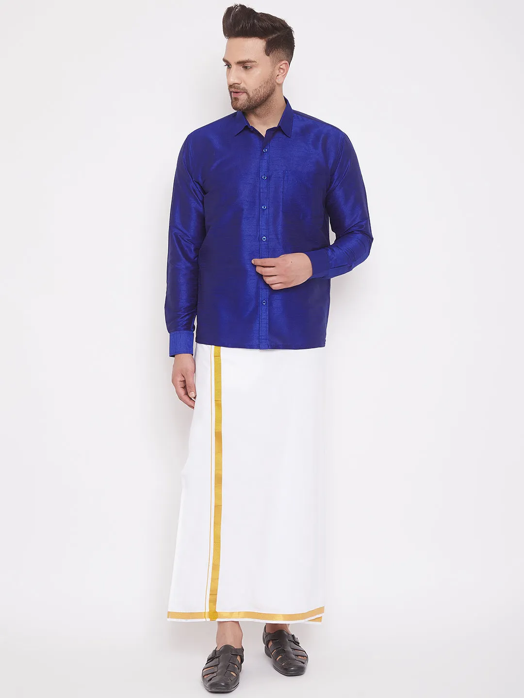 VM By VASTRAMAY Men's Blue And White Silk Blend Shirt And Mundu Set