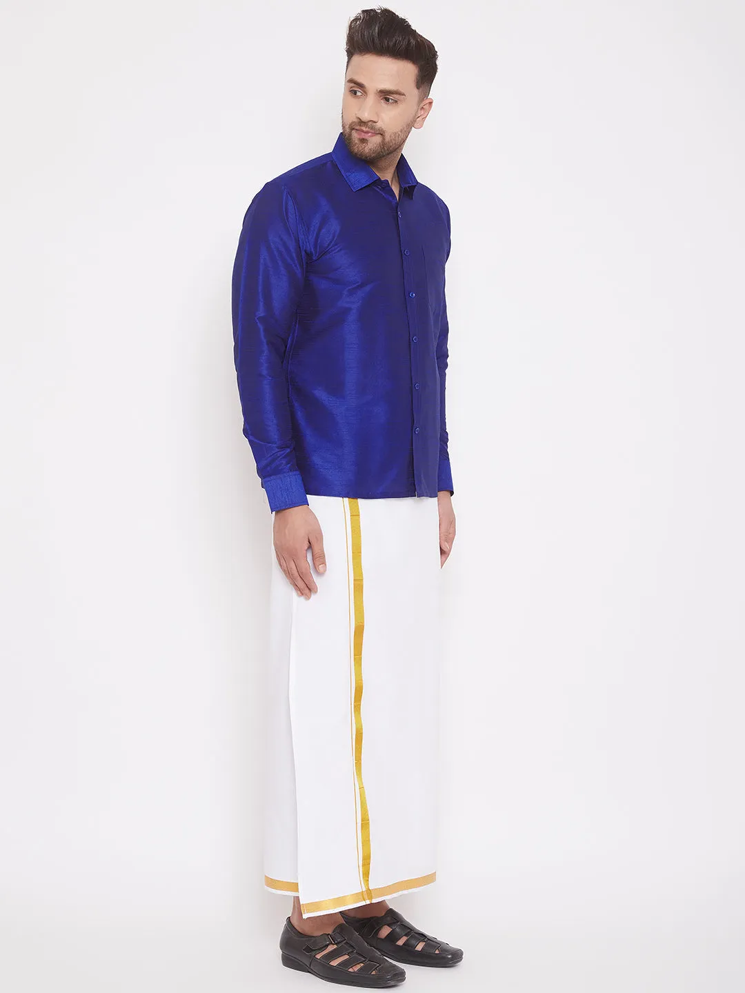 VM By VASTRAMAY Men's Blue And White Silk Blend Shirt And Mundu Set