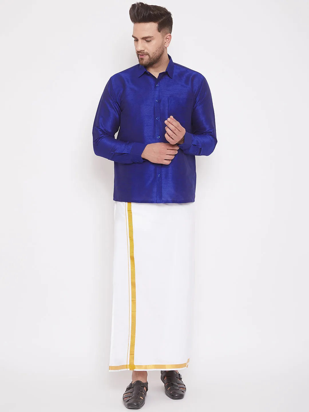 VM By VASTRAMAY Men's Blue And White Silk Blend Shirt And Mundu Set