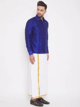 VM By VASTRAMAY Men's Blue And White Silk Blend Shirt And Mundu Set