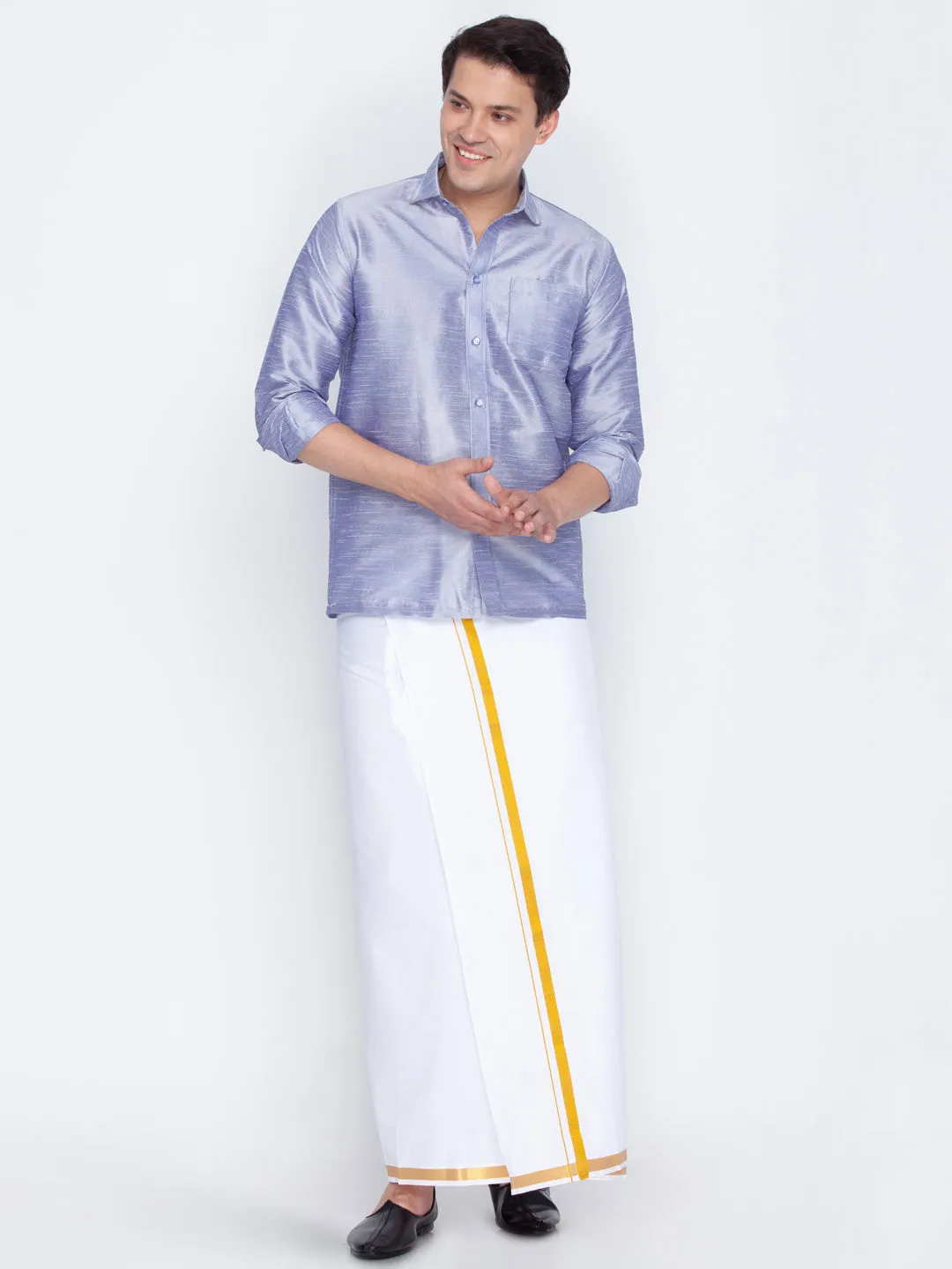 VM By VASTRAMAY Men's Blue Cotton Silk Blend Shirt and Mundu Set