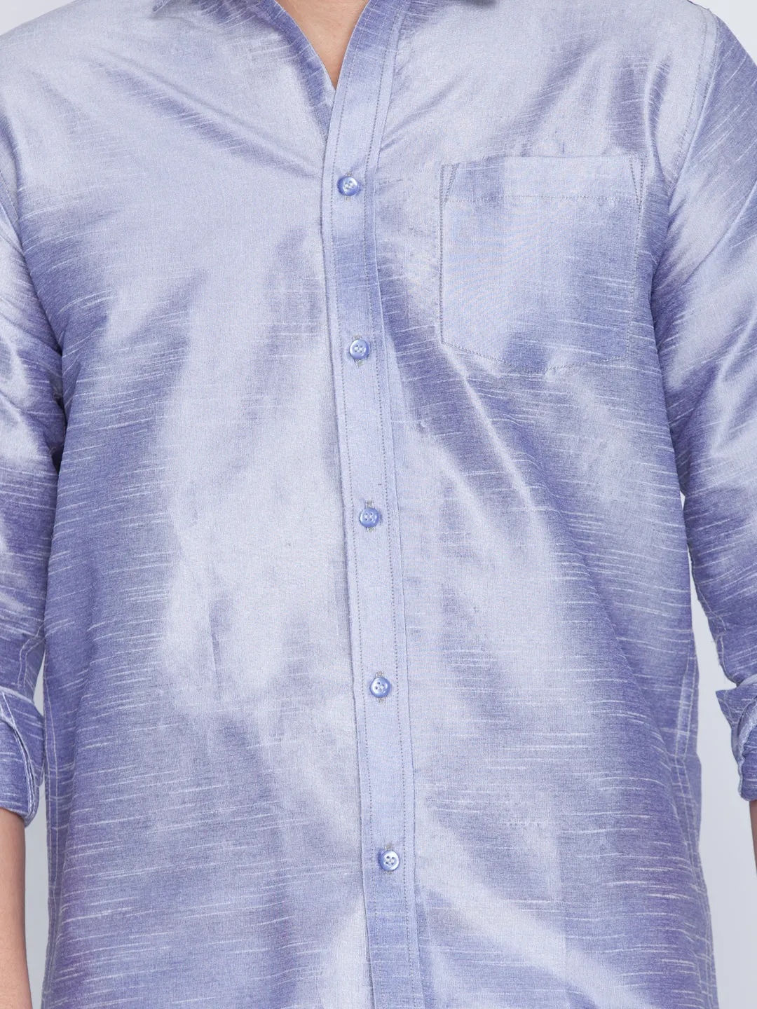 VM By VASTRAMAY Men's Blue Cotton Silk Blend Shirt and Mundu Set