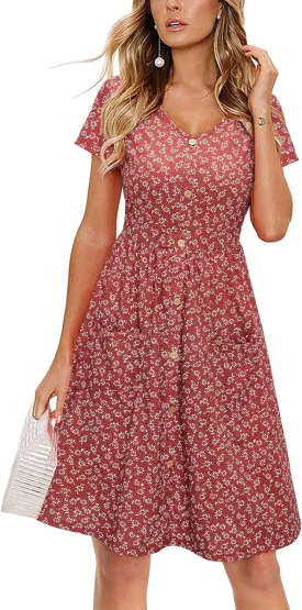 VOTEPRETTY Women's Short Sleeve V Neck Sundress Summer Casual Button Floral Dress with Pockets