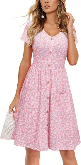 VOTEPRETTY Women's Short Sleeve V Neck Sundress Summer Casual Button Floral Dress with Pockets