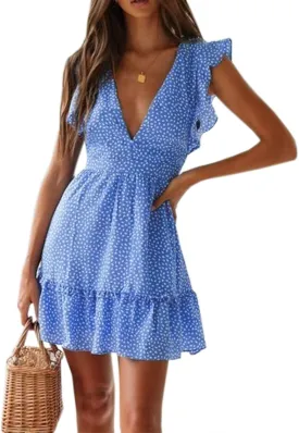 Women Floral Mini Dress Sexy V Neck Ruffle Flutter Sleeve Polka Dot Summer Dresses