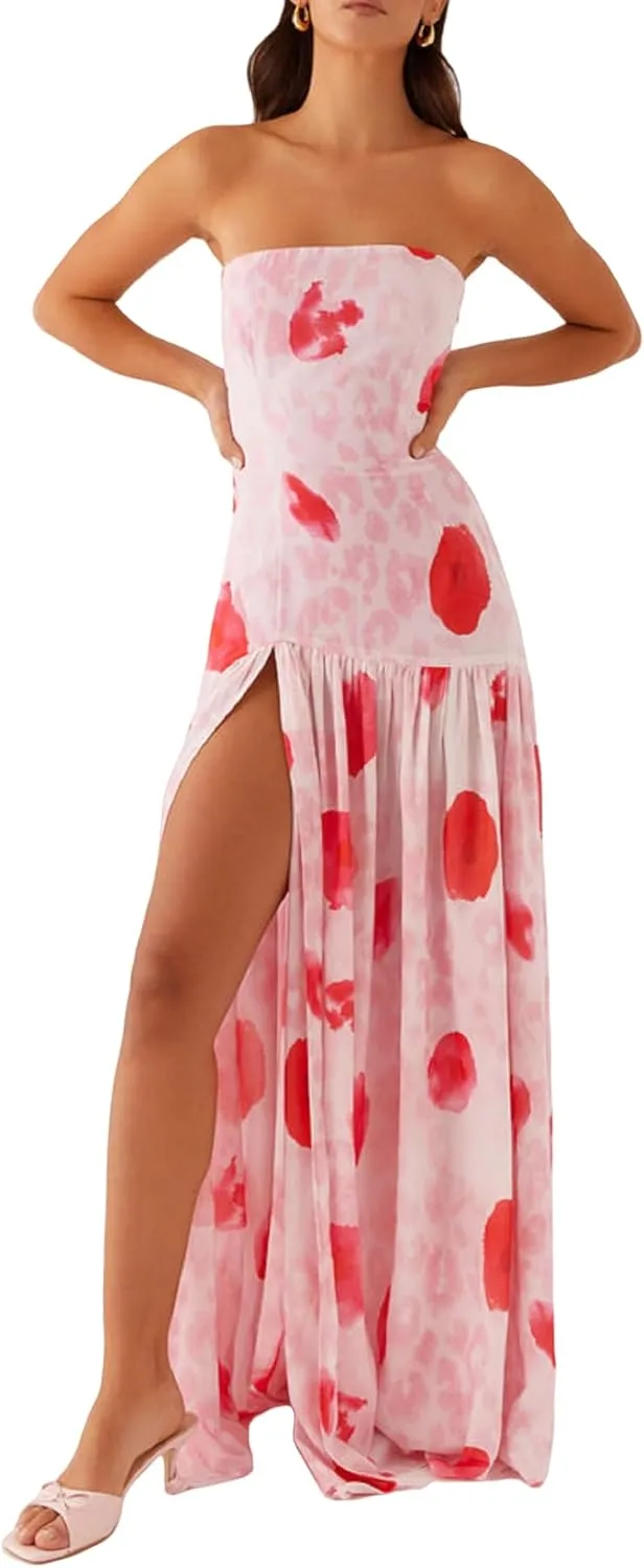 Women Floral Tube Top Maxi Dress Y2k Strapless Mesh Patchwork Long Dress High Slit Flowy Cocktail Sundress