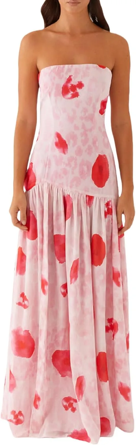 Women Floral Tube Top Maxi Dress Y2k Strapless Mesh Patchwork Long Dress High Slit Flowy Cocktail Sundress