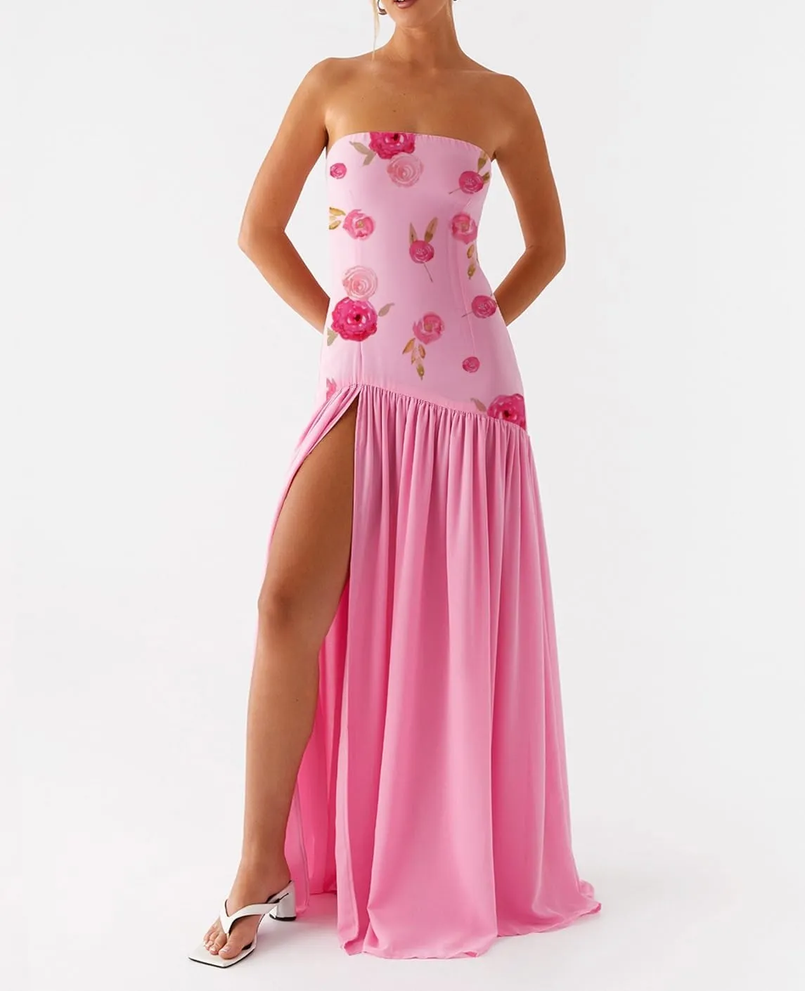 Women Floral Tube Top Maxi Dress Y2k Strapless Mesh Patchwork Long Dress High Slit Flowy Cocktail Sundress