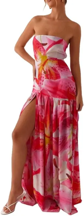 Women Floral Tube Top Maxi Dress Y2k Strapless Mesh Patchwork Long Dress High Slit Flowy Cocktail Sundress