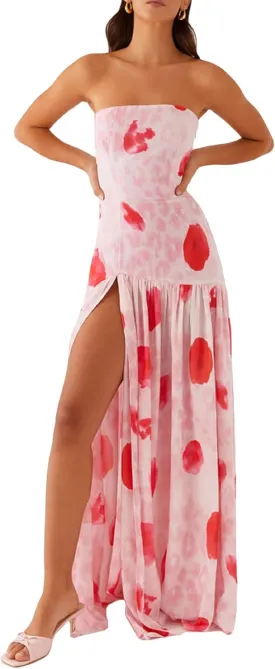 Women Floral Tube Top Maxi Dress Y2k Strapless Mesh Patchwork Long Dress High Slit Flowy Cocktail Sundress