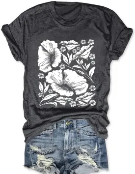 Womens Flower T Shirt Vintage Wildflowers Printed Graphic Tee Casual Botanical Short Sleeve