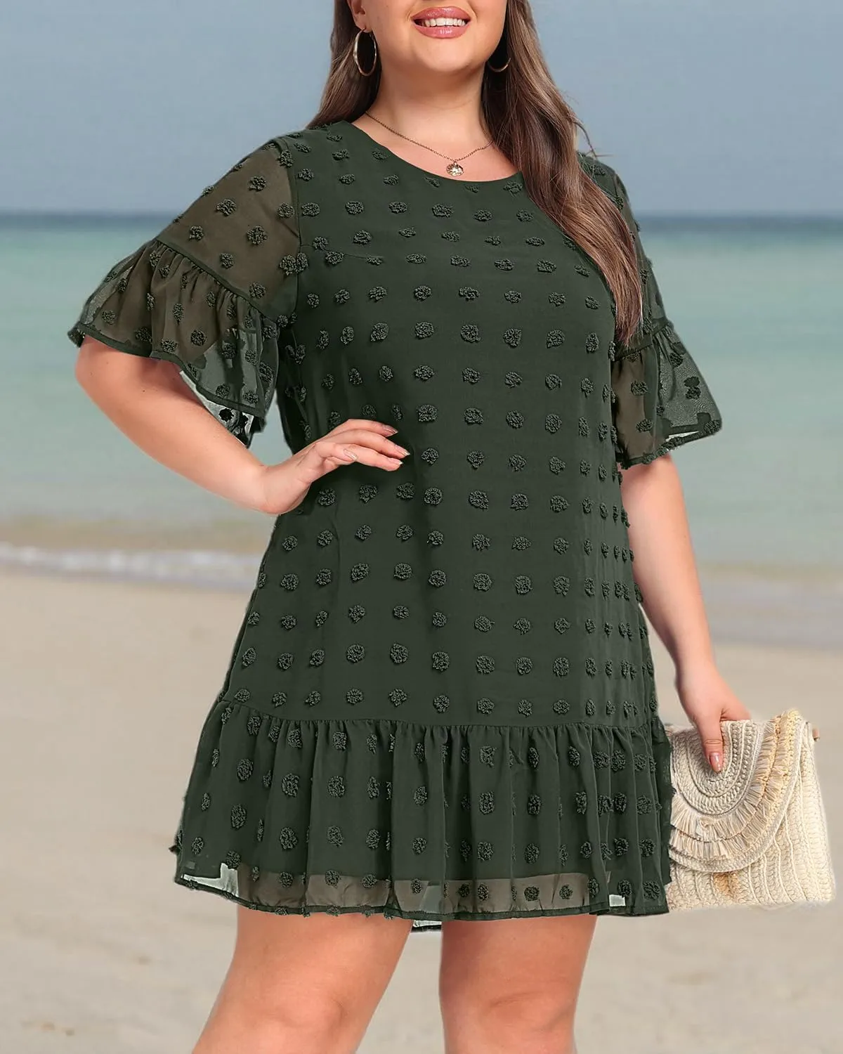 Women's Plus Size Swiss Dot Short Sleeve Ruffle Cute Summer Chiffon Loose Flowy Shift Mini Dress