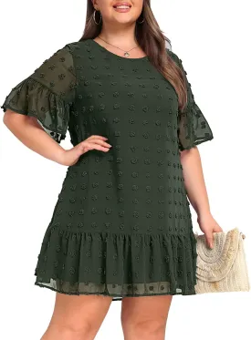 Women's Plus Size Swiss Dot Short Sleeve Ruffle Cute Summer Chiffon Loose Flowy Shift Mini Dress