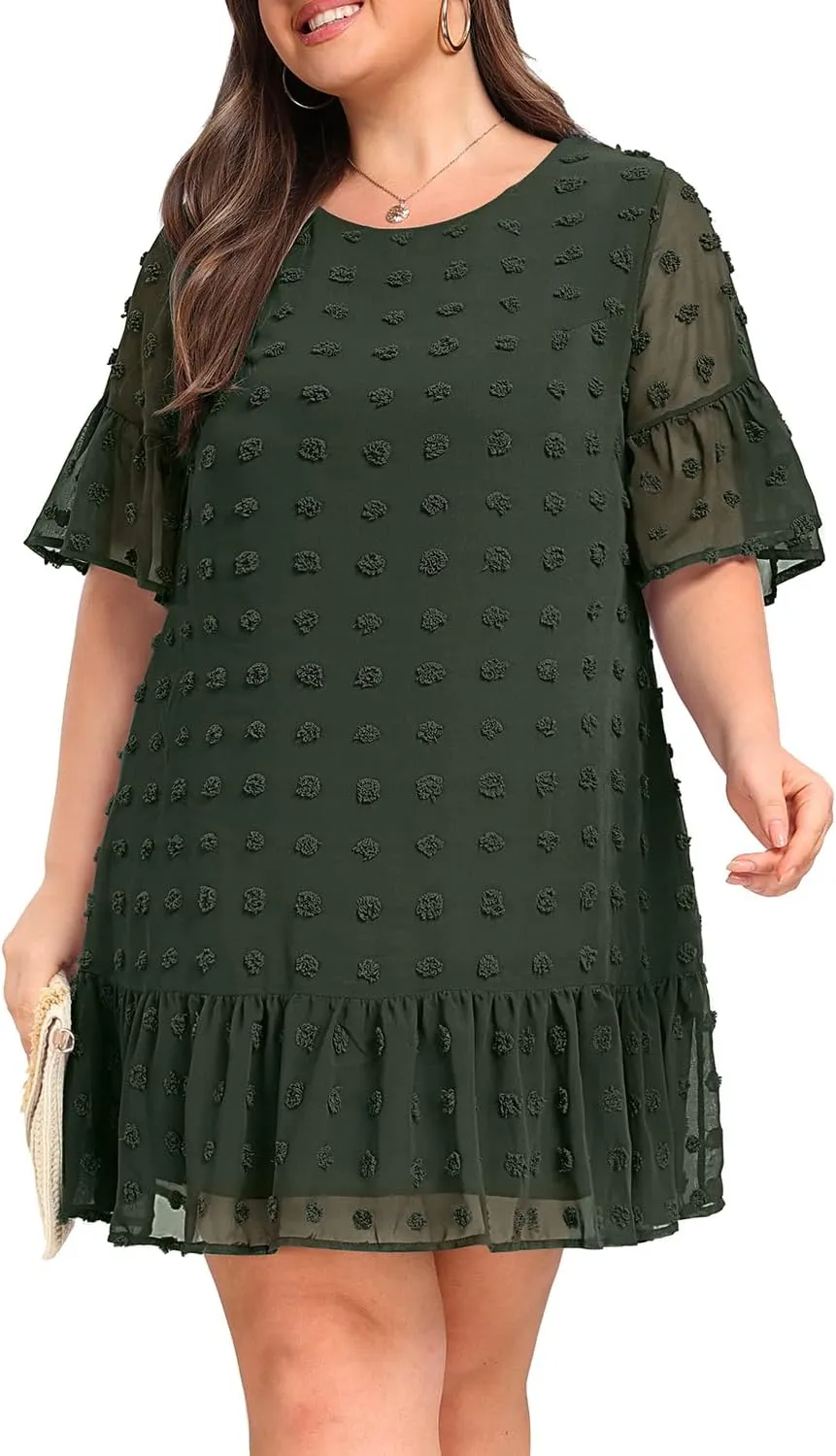 Women's Plus Size Swiss Dot Short Sleeve Ruffle Cute Summer Chiffon Loose Flowy Shift Mini Dress