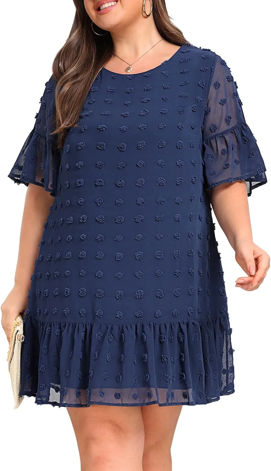 Women's Plus Size Swiss Dot Short Sleeve Ruffle Cute Summer Chiffon Loose Flowy Shift Mini Dress