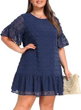 Women's Plus Size Swiss Dot Short Sleeve Ruffle Cute Summer Chiffon Loose Flowy Shift Mini Dress