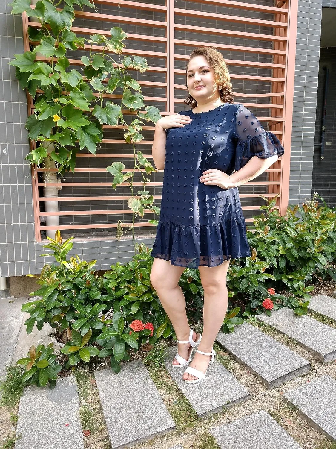 Women's Plus Size Swiss Dot Short Sleeve Ruffle Cute Summer Chiffon Loose Flowy Shift Mini Dress