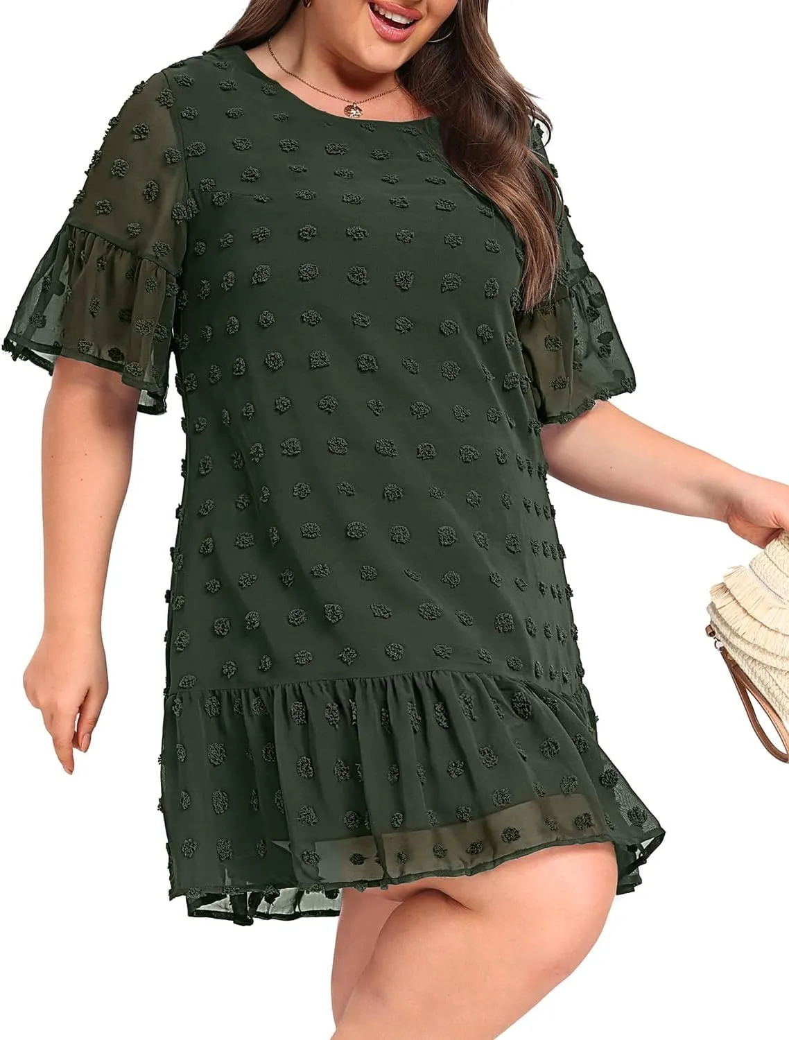 Women's Plus Size Swiss Dot Short Sleeve Ruffle Cute Summer Chiffon Loose Flowy Shift Mini Dress
