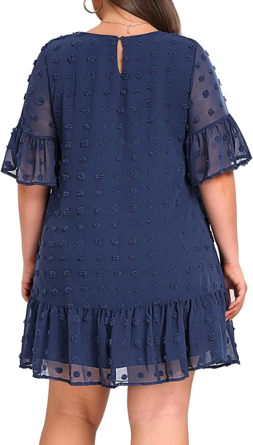 Women's Plus Size Swiss Dot Short Sleeve Ruffle Cute Summer Chiffon Loose Flowy Shift Mini Dress